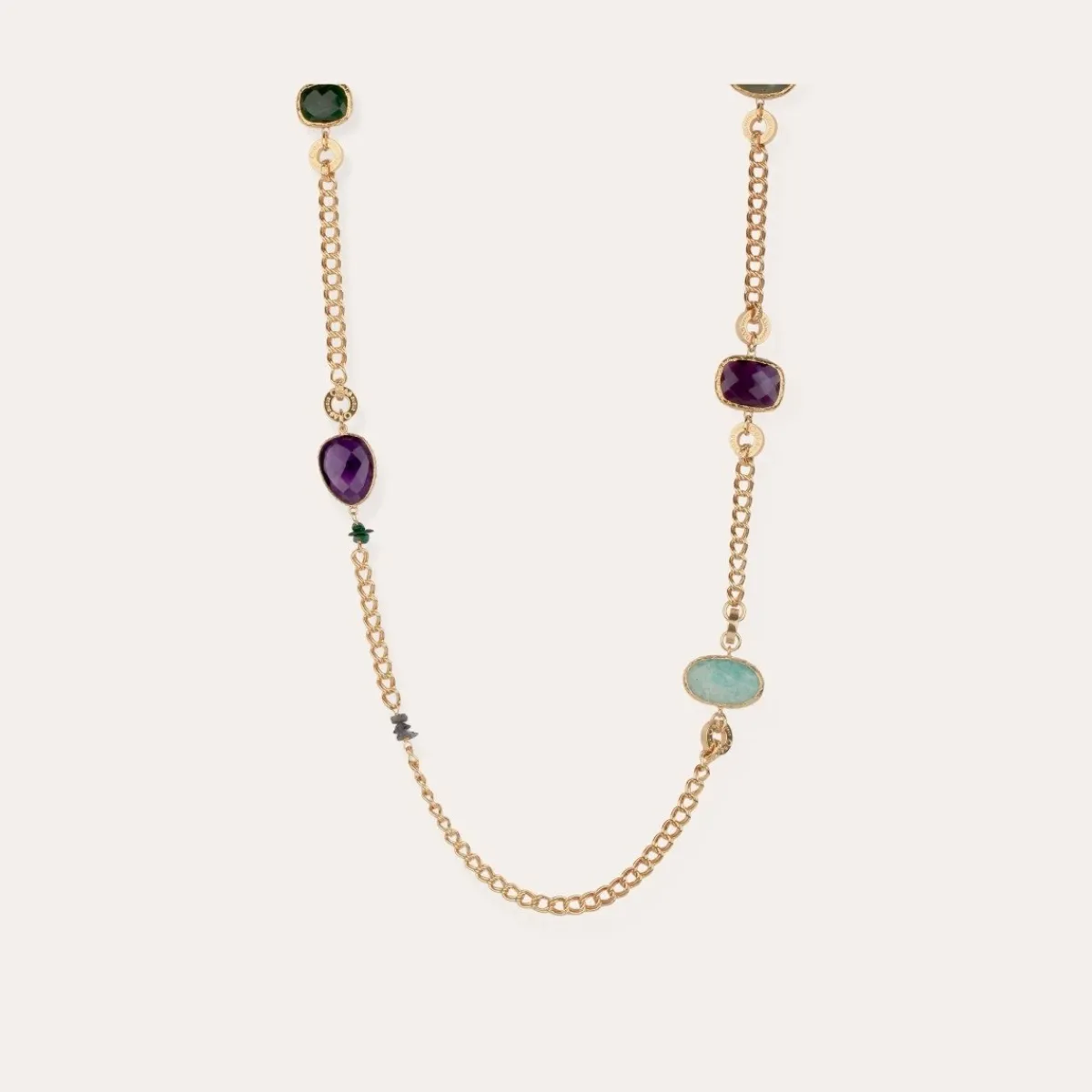 Online Gas Bijoux Silene long necklace gold - Blue Apatite, Amethyst, & Serpentine Amazonite